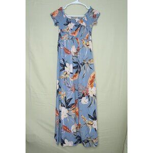 Patrons of Peace Maxi Dress Blue Tropical Floral Smocked Bodice Women's S EUC